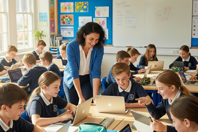 Teacher supporting students with laptops in modern digital classroom