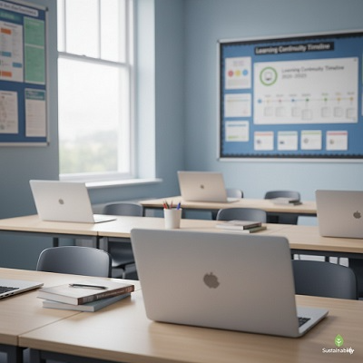 Classroom with sustainability poster and laptops
