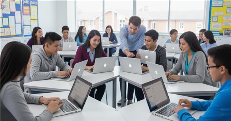 Student using school-issued laptop in class